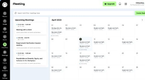 Meetings calendar for the month with upcoming meetings listed